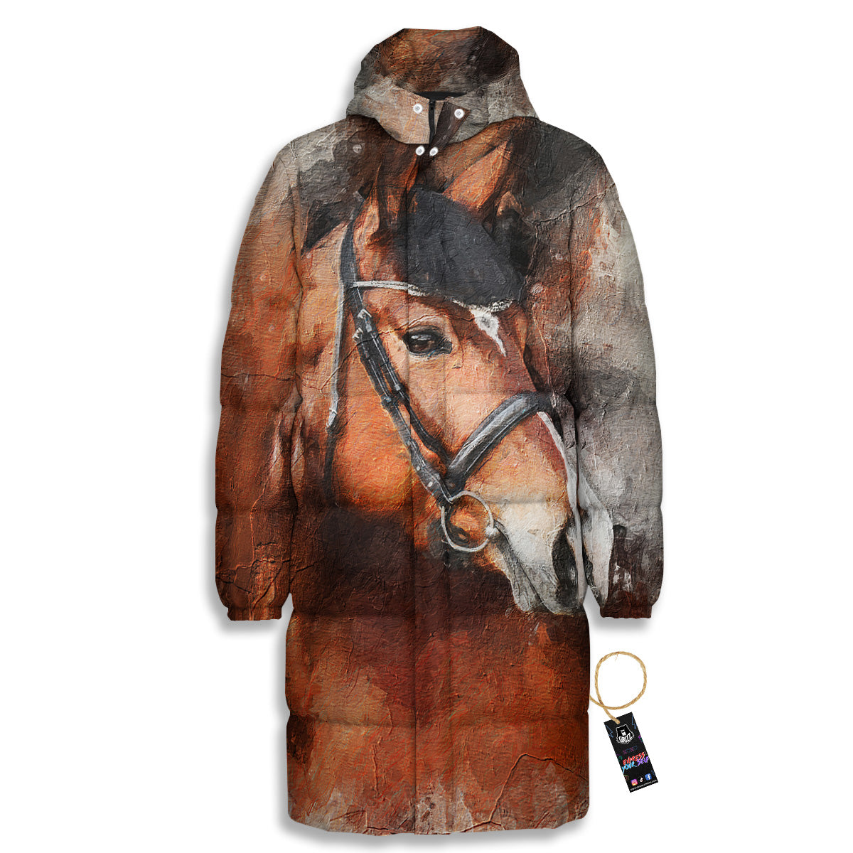 Painting Brown Horse Print Long Down Jacket