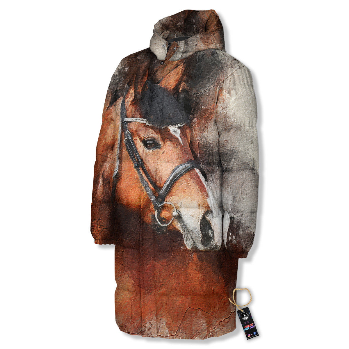 Painting Brown Horse Print Long Down Jacket