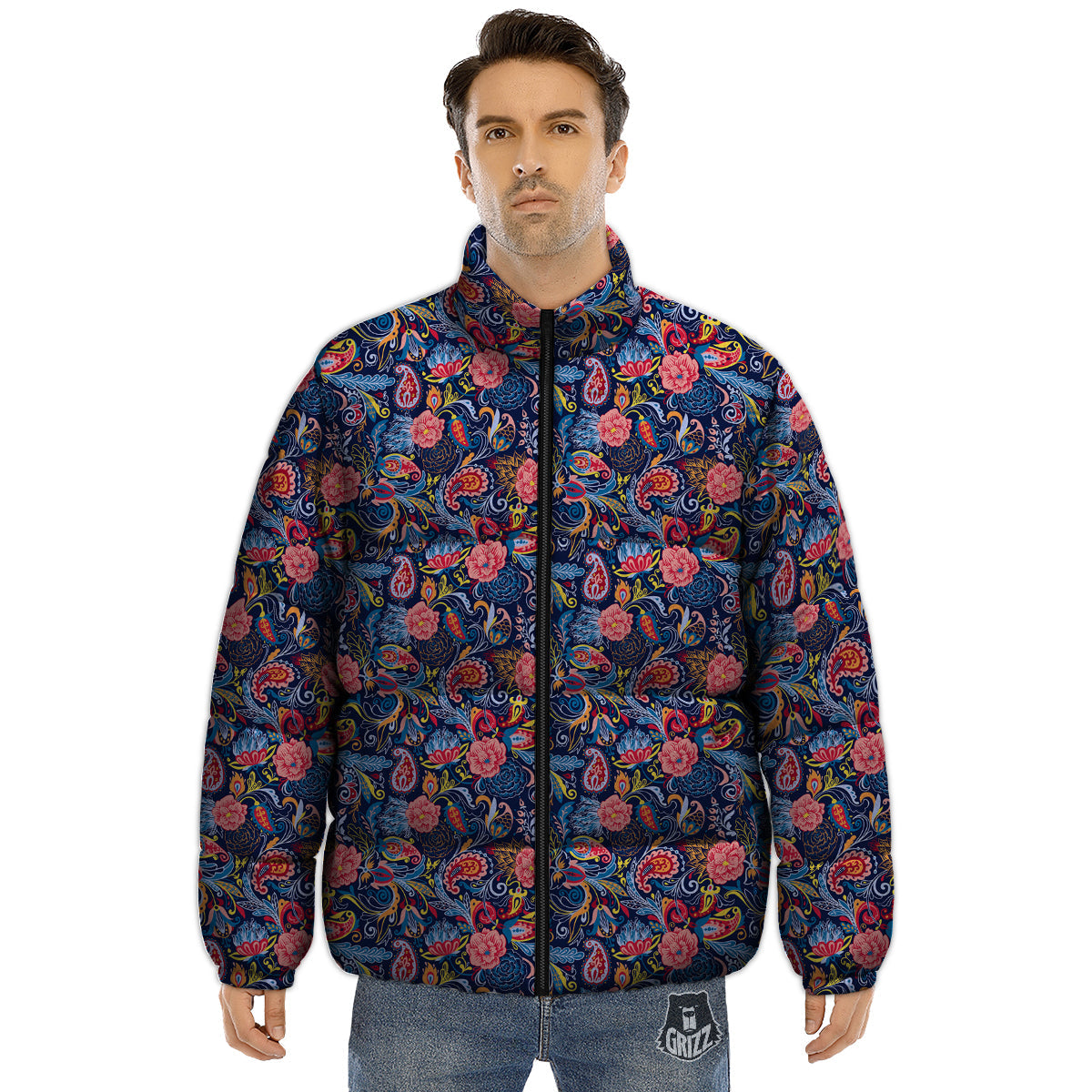 Paisley Art Print Pattern Puffer Jacket-grizzshop