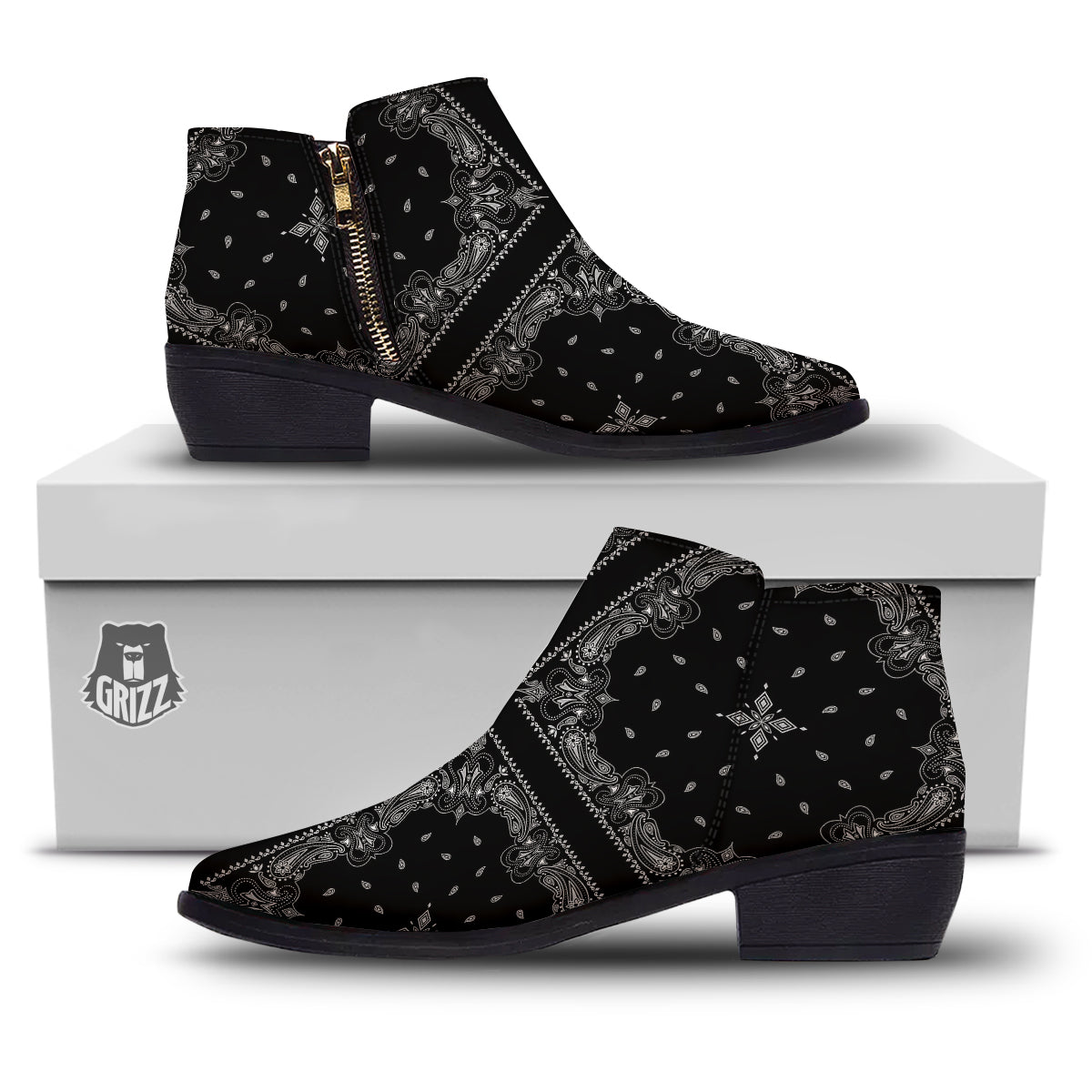 Paisley Bandana Black And White Print Pattern Ankle Boots-grizzshop