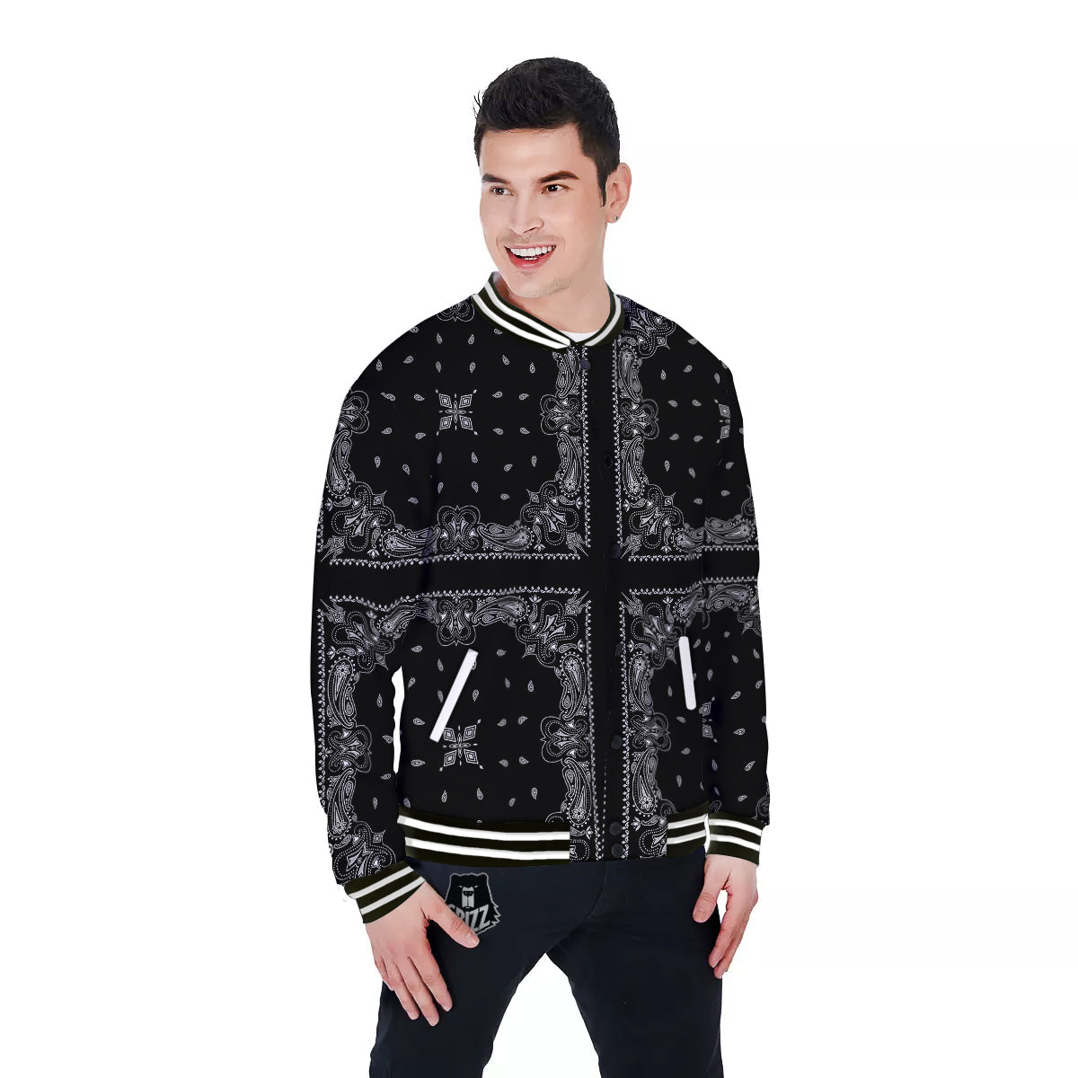 Paisley Bandana Black And White Print Pattern Baseball Jacket-grizzshop