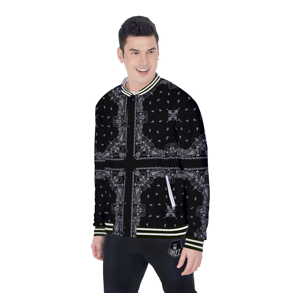 Paisley Bandana Black And White Print Pattern Baseball Jacket-grizzshop