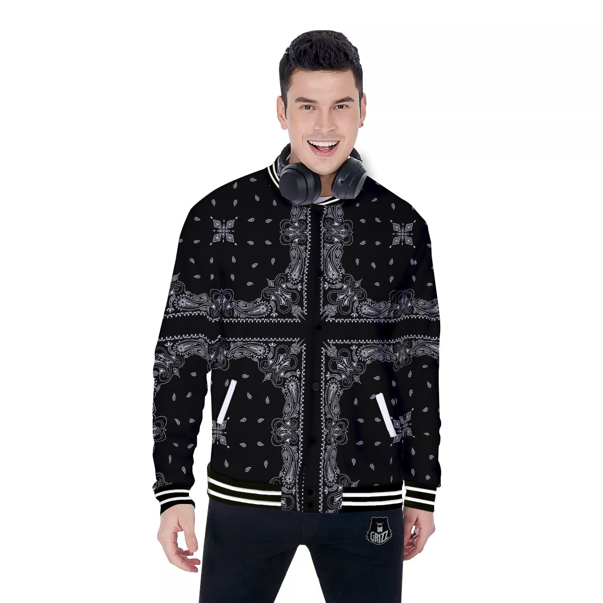 Paisley Bandana Black And White Print Pattern Baseball Jacket-grizzshop