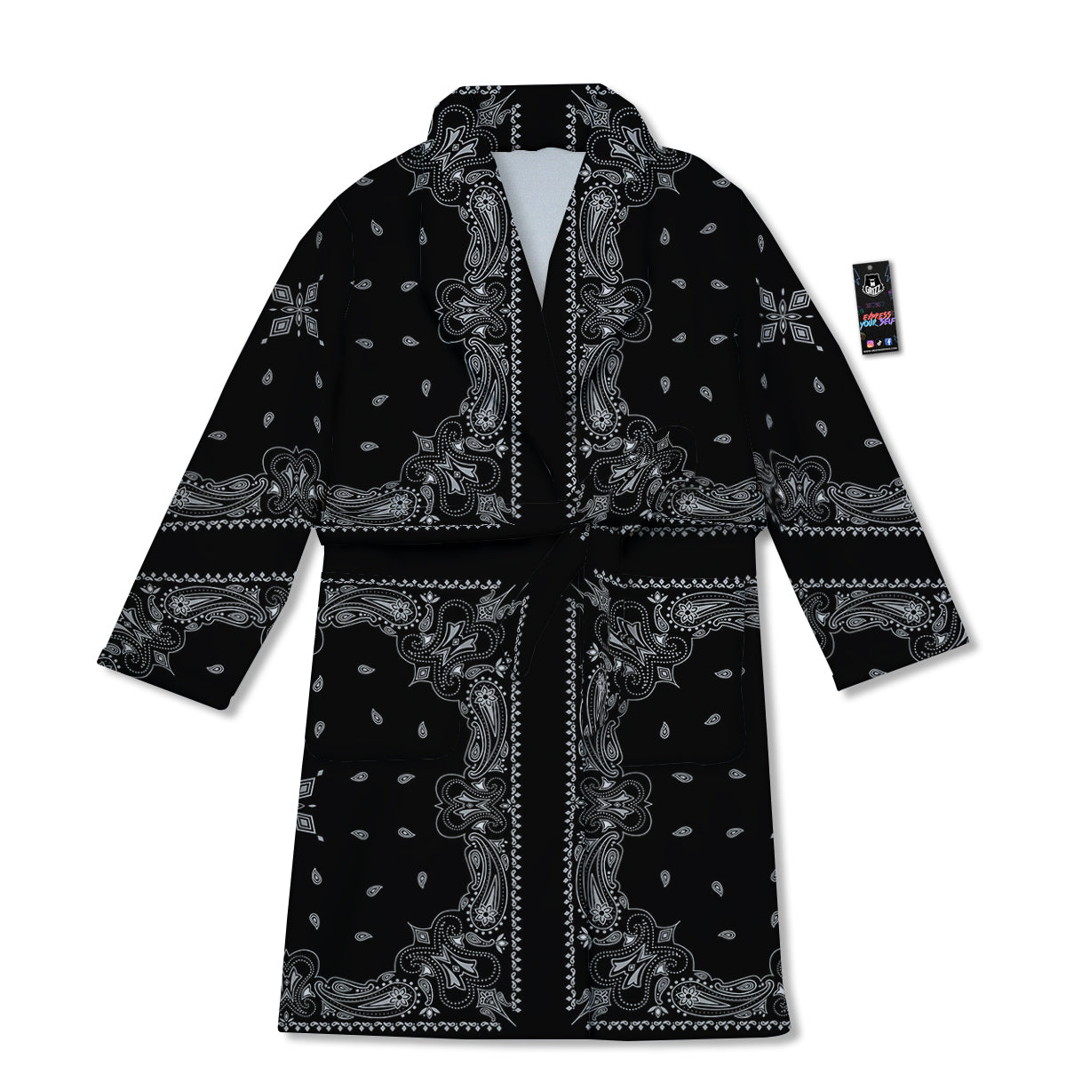 Paisley Bandana Black And White Print Pattern Bathrobe-grizzshop