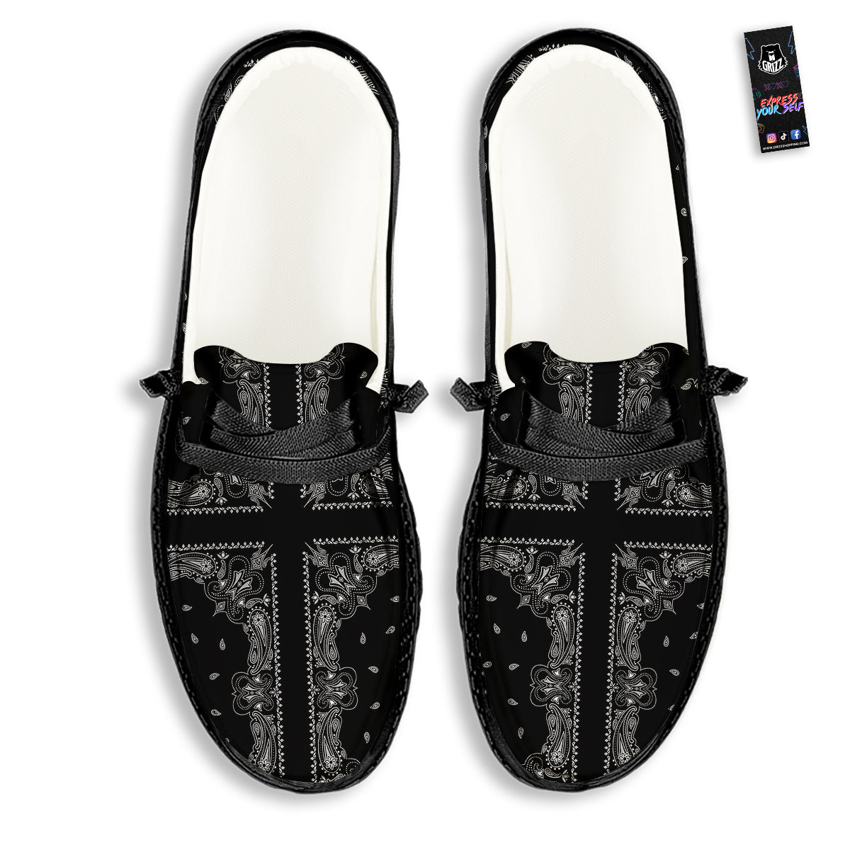 Paisley Bandana Black And White Print Pattern Black Loafers-grizzshop