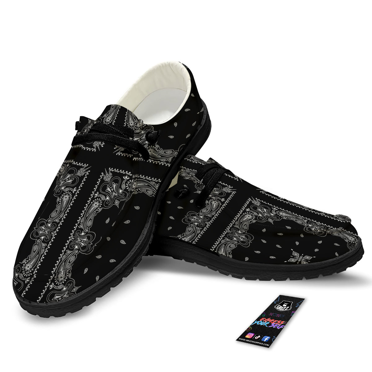 Paisley Bandana Black And White Print Pattern Black Loafers-grizzshop