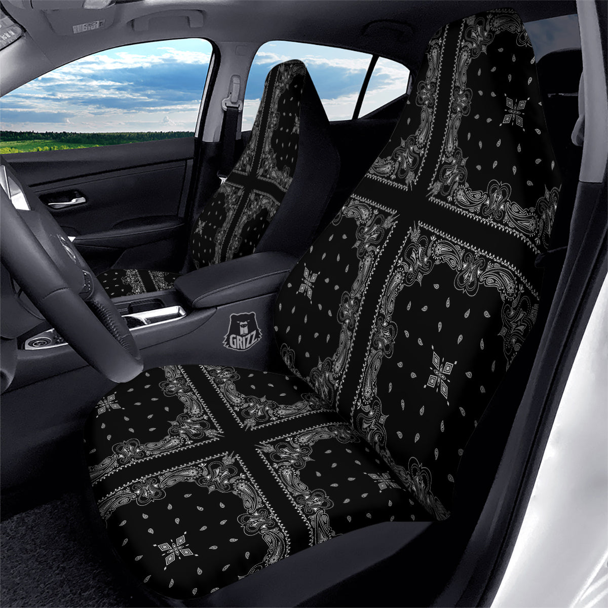 Paisley Bandana Black And White Print Pattern Car Seat Covers-grizzshop