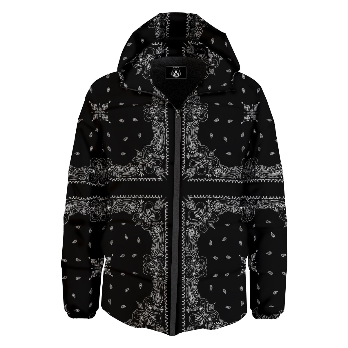 Paisley Bandana Black And White Print Pattern Down Jacket-grizzshop