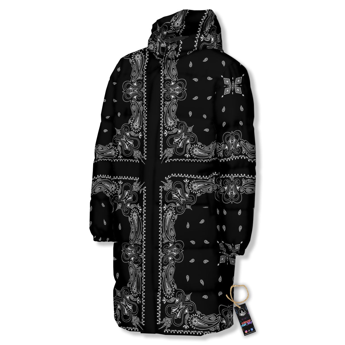 Paisley Bandana Black And White Print Pattern Long Down Jacket-grizzshop