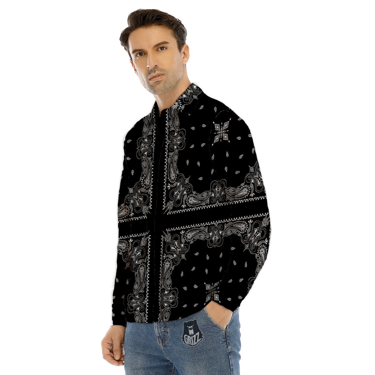 Paisley Bandana Black And White Print Pattern Men's Dress Shirts-grizzshop