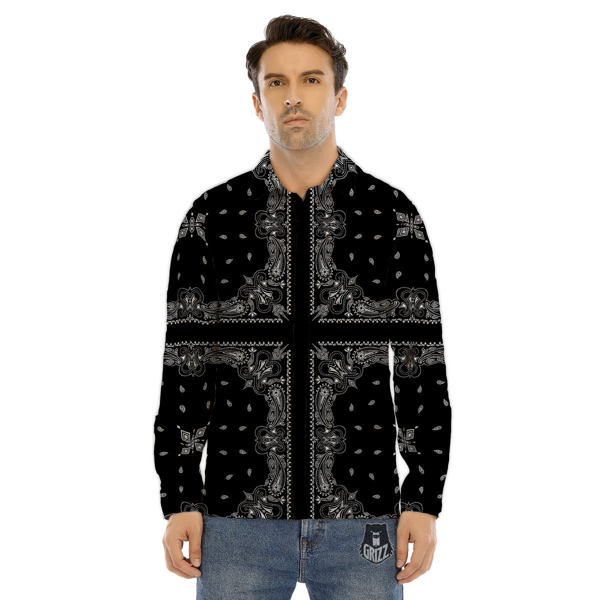 Paisley Bandana Black And White Print Pattern Men's Dress Shirts-grizzshop
