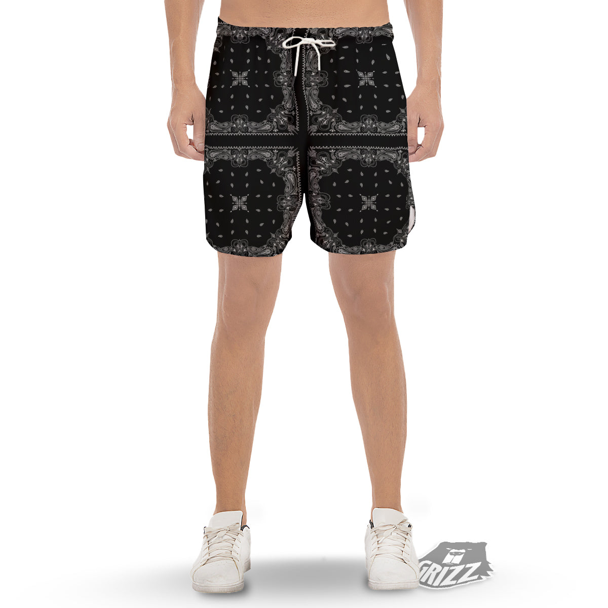 Paisley Bandana Black And White Print Pattern Men's Gym Shorts-grizzshop