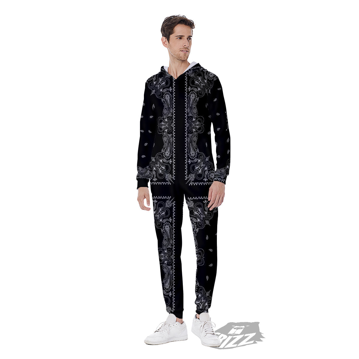 Paisley Bandana Black And White Print Pattern Men's Jumpsuit-grizzshop