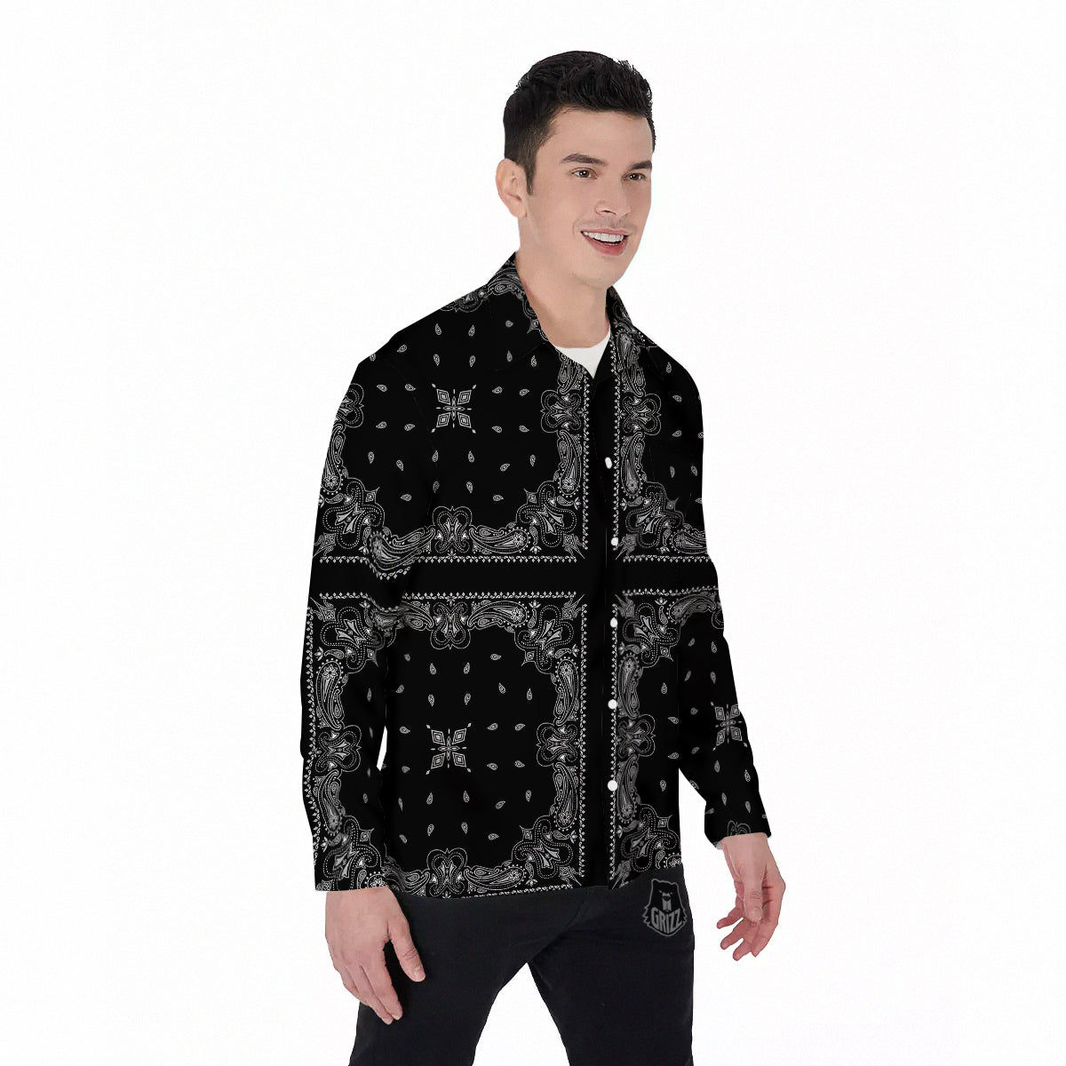 Paisley Bandana Black And White Print Pattern Men's Long Sleeve Shirts-grizzshop