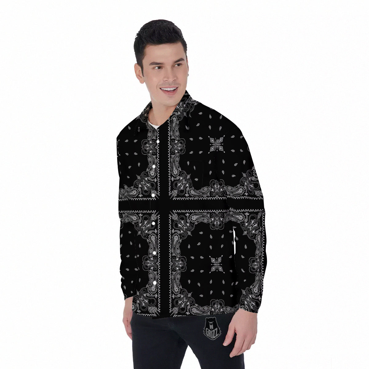 Paisley Bandana Black And White Print Pattern Men's Long Sleeve Shirts-grizzshop