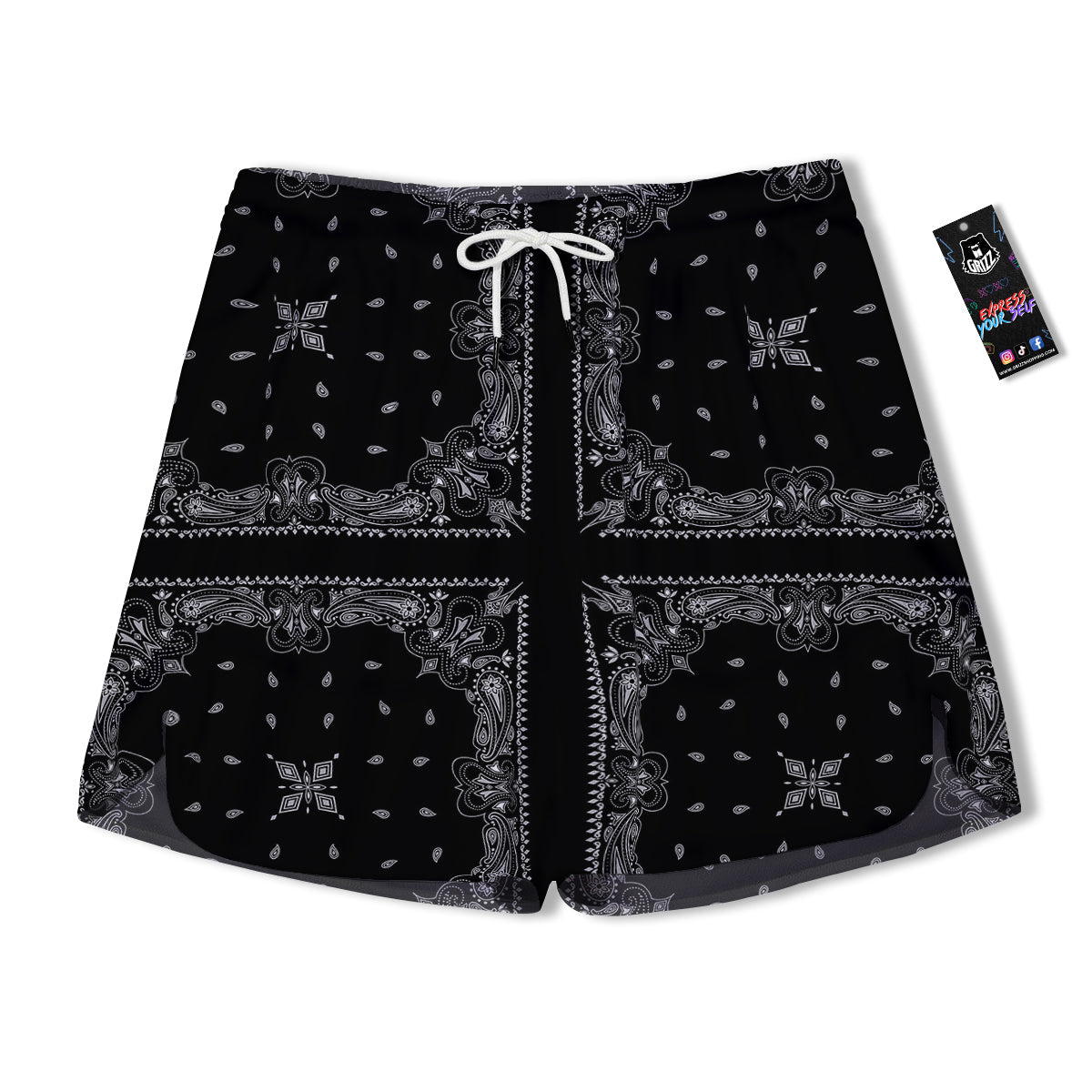 Paisley Bandana Black And White Print Pattern Men's Running Shorts-grizzshop