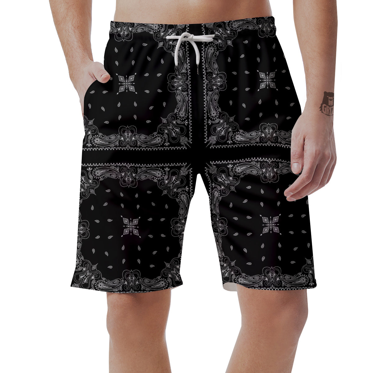 Paisley Bandana Black And White Print Pattern Men's Shorts-grizzshop