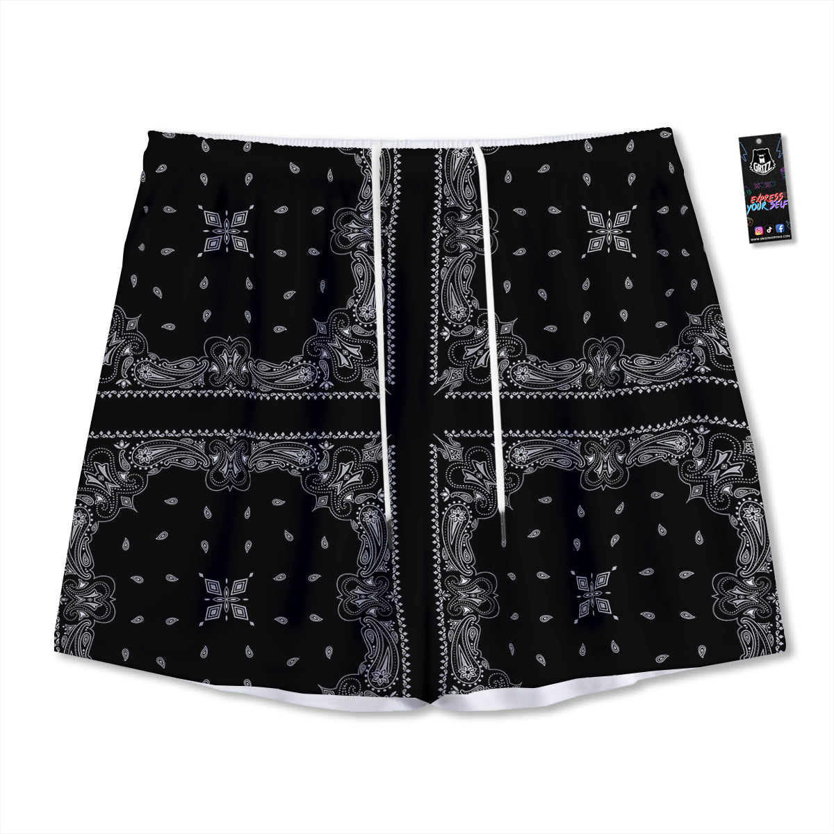 Paisley Bandana Black And White Print Pattern Mesh Shorts