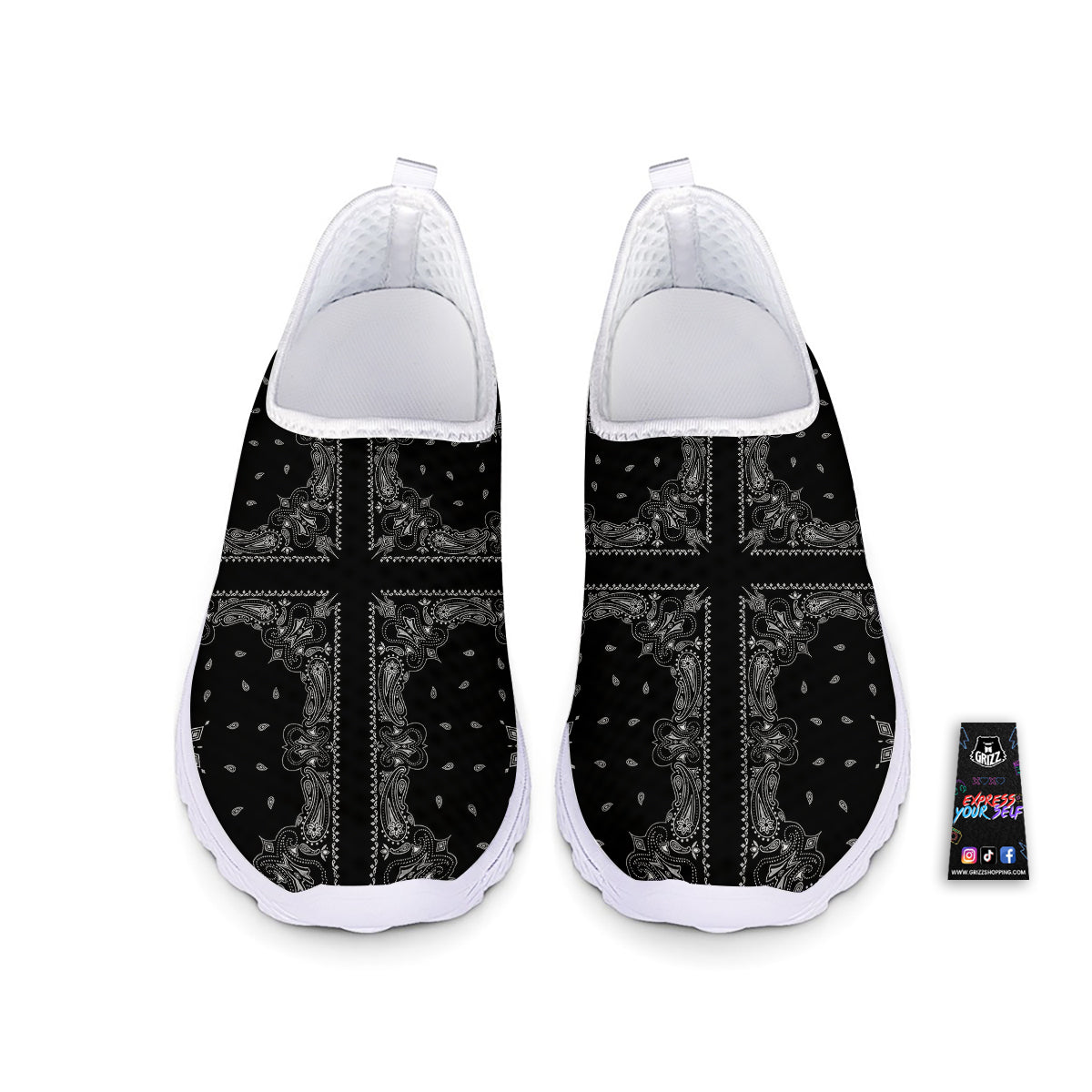 Paisley Bandana Black And White Print Pattern Nurse Shoes-grizzshop