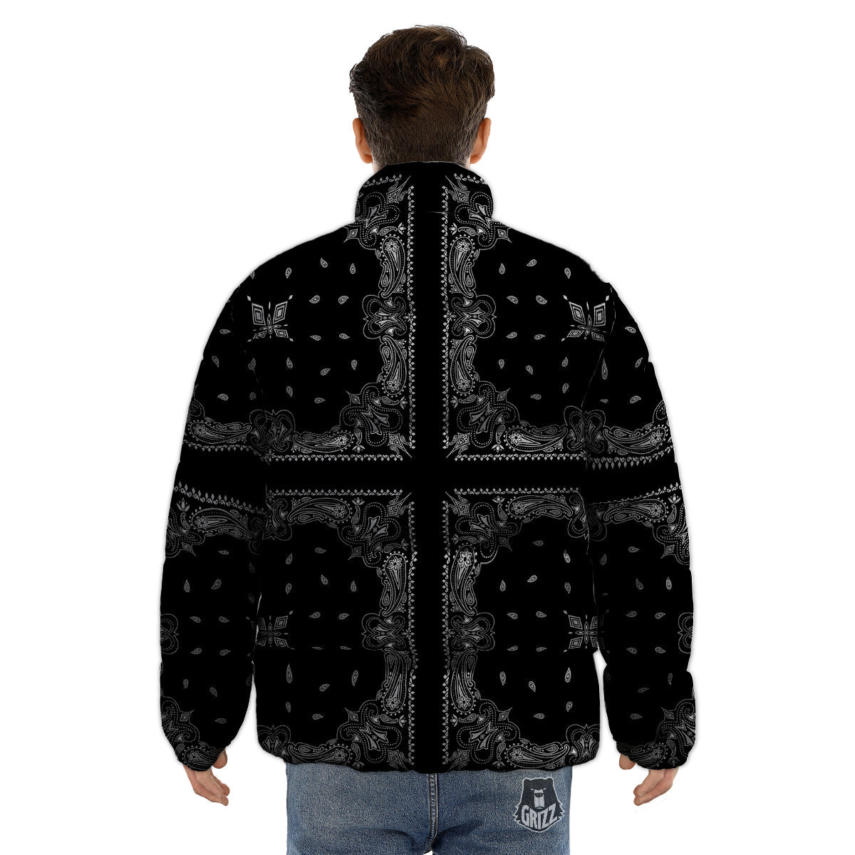 Paisley Bandana Black And White Print Pattern Puffer Jacket-grizzshop