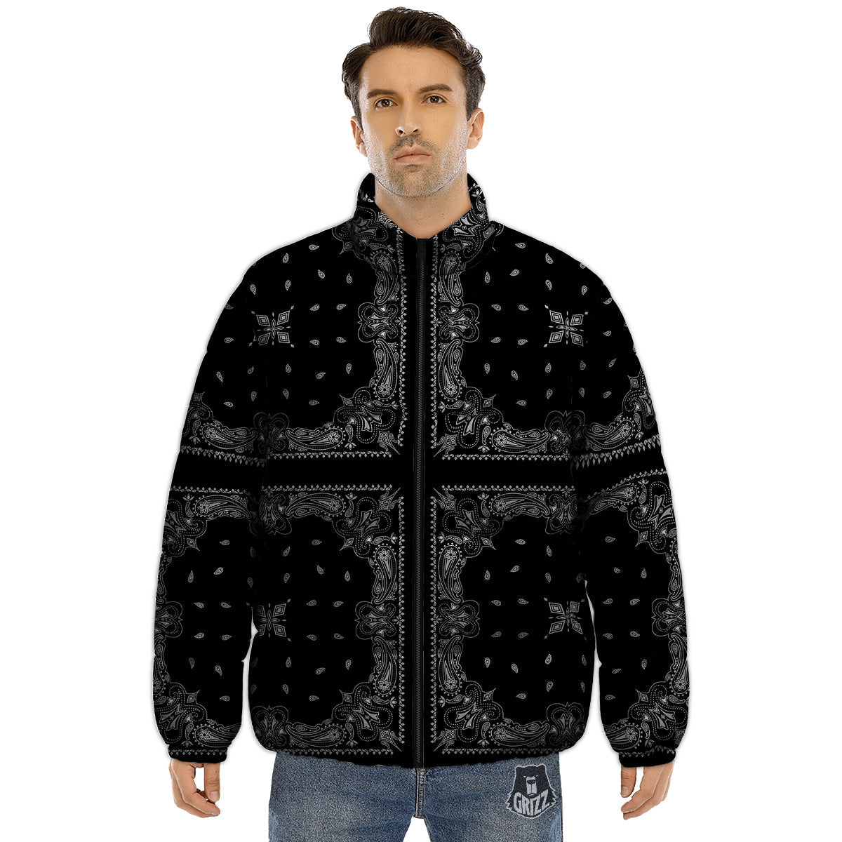Paisley Bandana Black And White Print Pattern Puffer Jacket-grizzshop