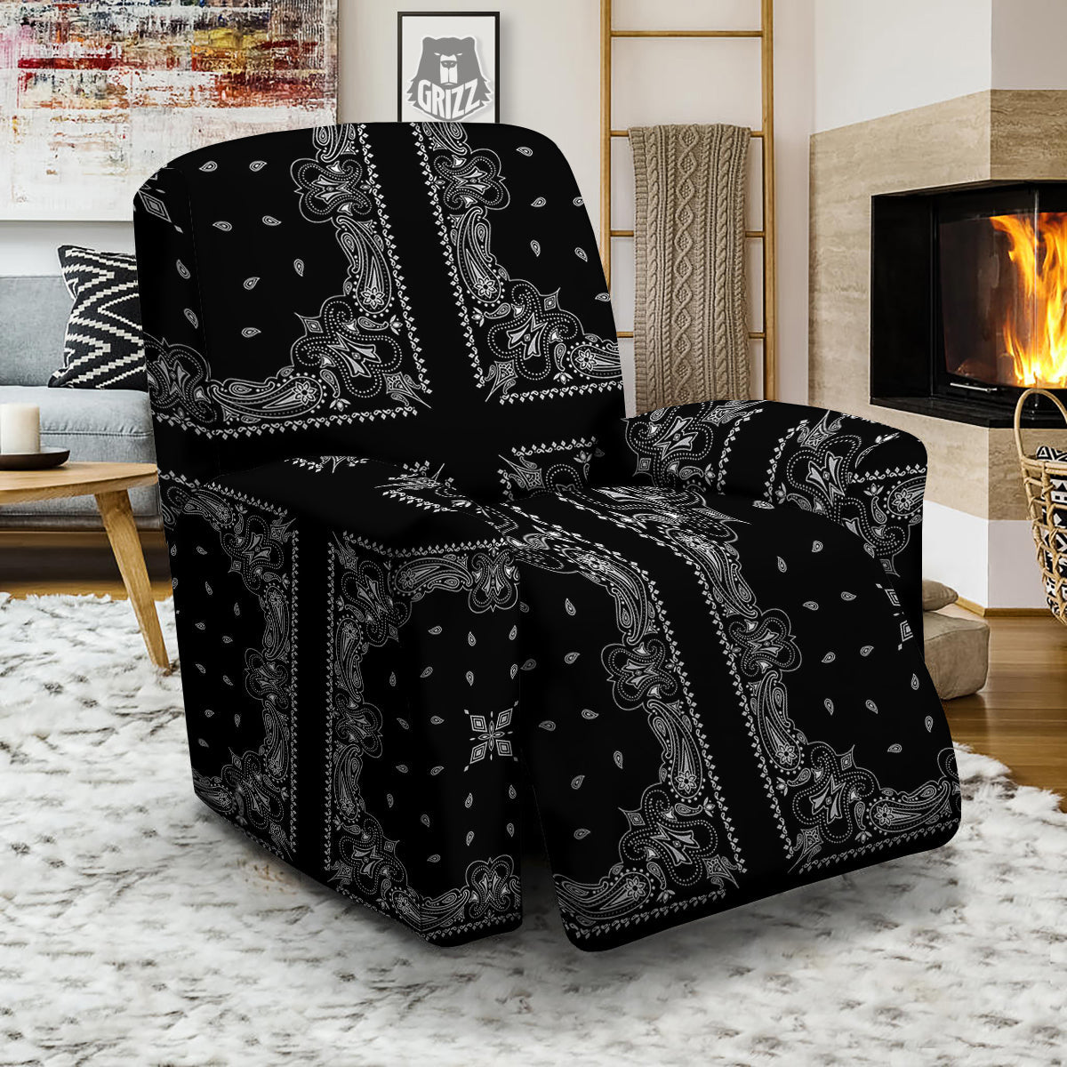 Paisley Bandana Black And White Print Pattern Recliner Slipcover-grizzshop