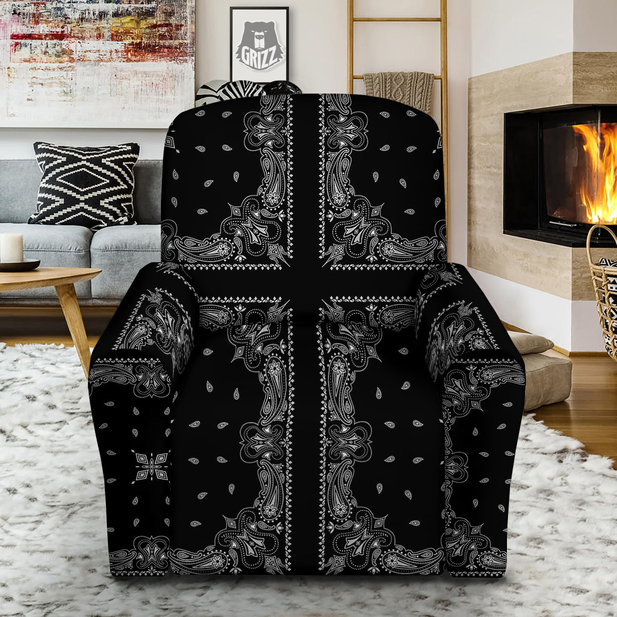 Paisley Bandana Black And White Print Pattern Recliner Slipcover-grizzshop