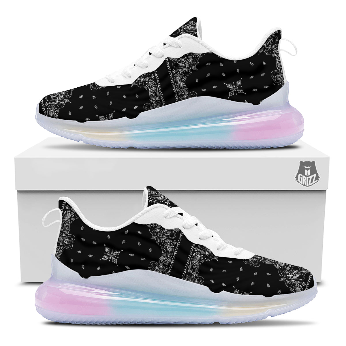 Paisley Bandana Black And White Print Pattern Running Sneakers-grizzshop