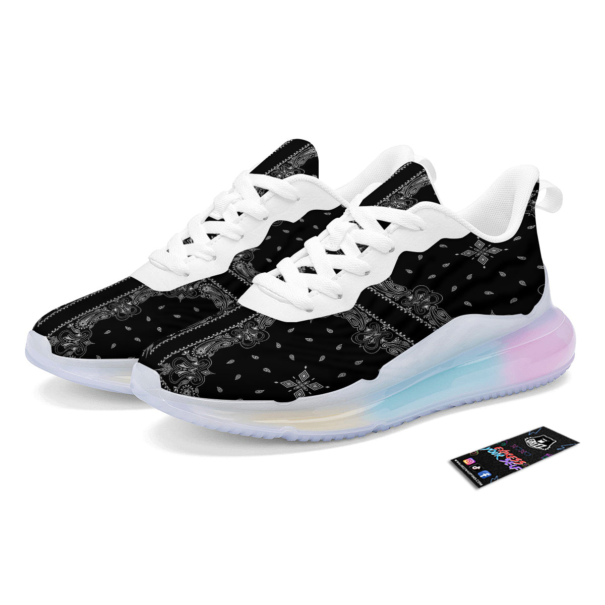 Paisley Bandana Black And White Print Pattern Running Sneakers-grizzshop