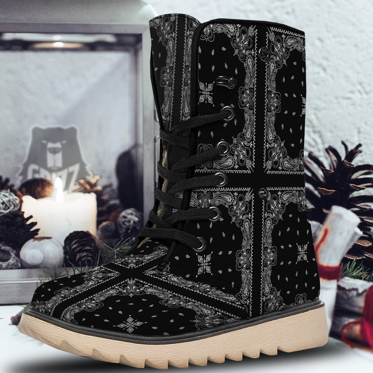 Paisley Bandana Black And White Print Pattern Snow Boots-grizzshop