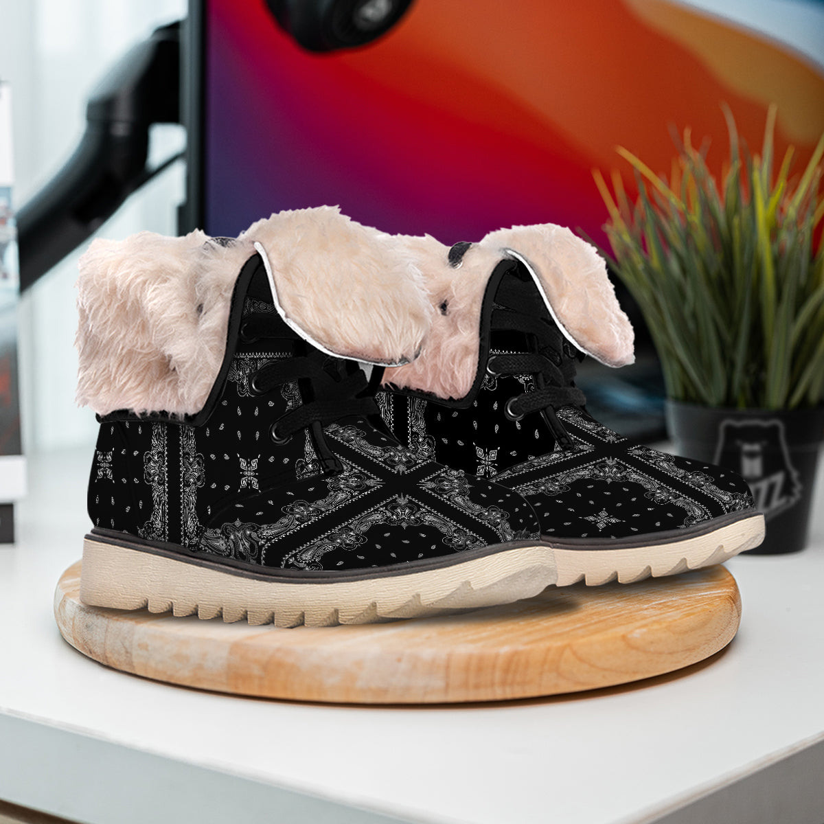 Paisley Bandana Black And White Print Pattern Snow Boots-grizzshop