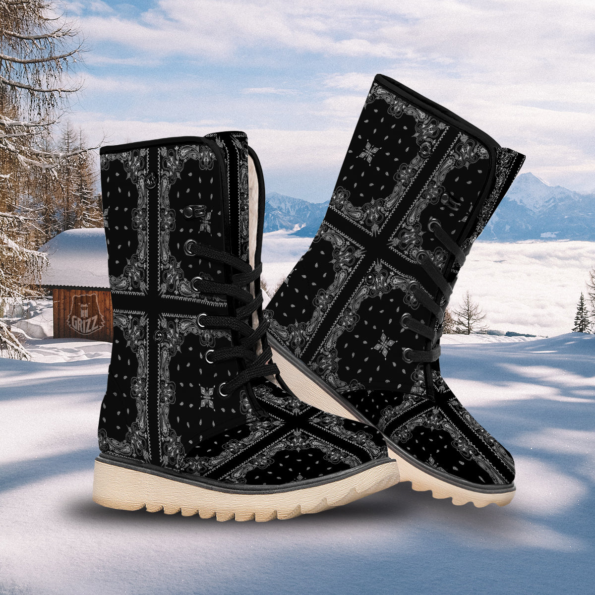 Paisley Bandana Black And White Print Pattern Snow Boots-grizzshop