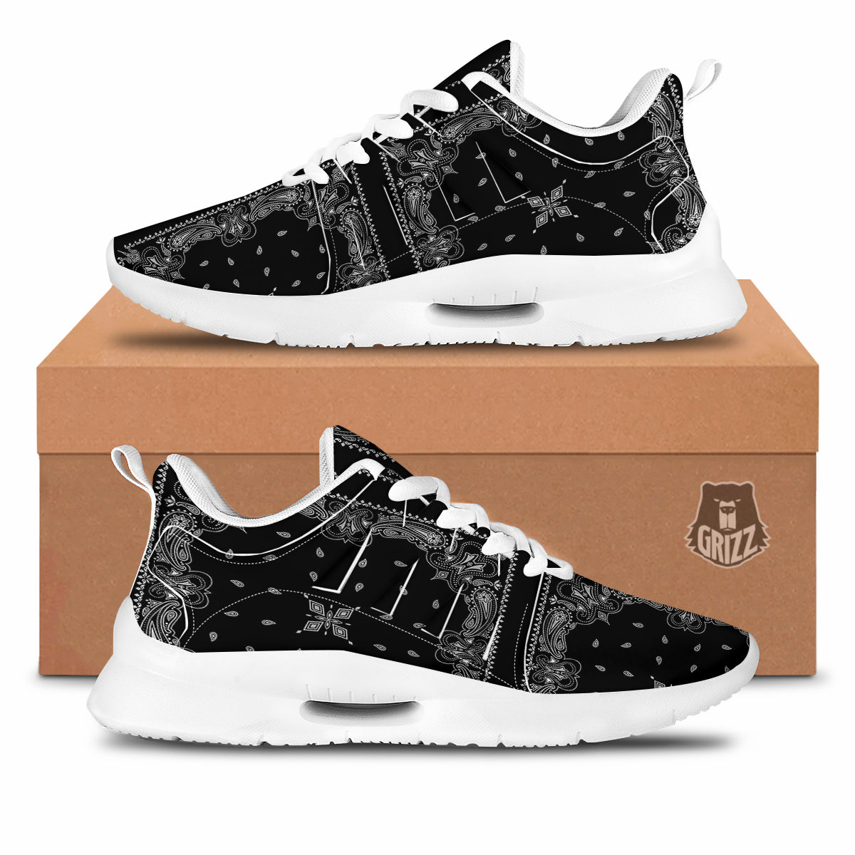 Paisley Bandana Black And White Print Pattern Tennis Shoes-grizzshop