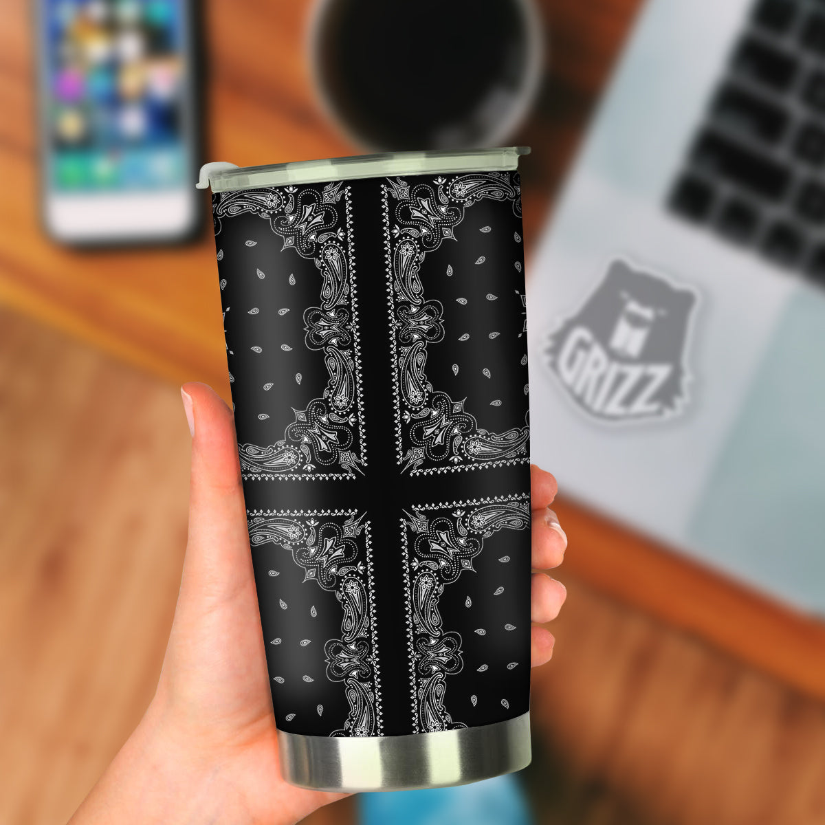 Paisley Bandana Black And White Print Pattern Tumbler-grizzshop