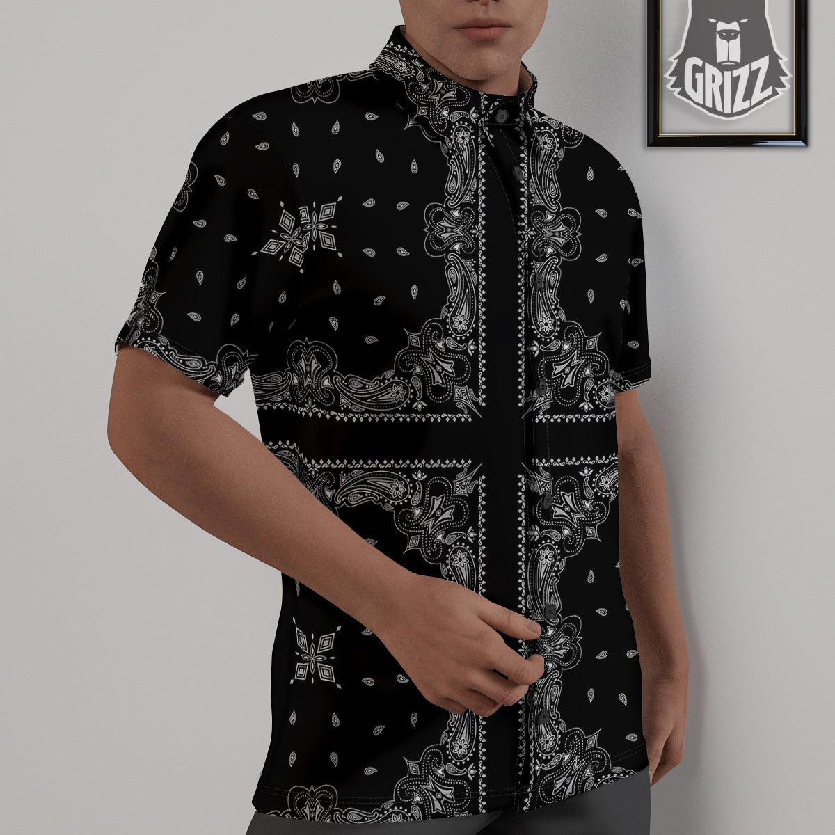 Paisley Bandana Black And White Print Pattern Untucked Shirts-grizzshop