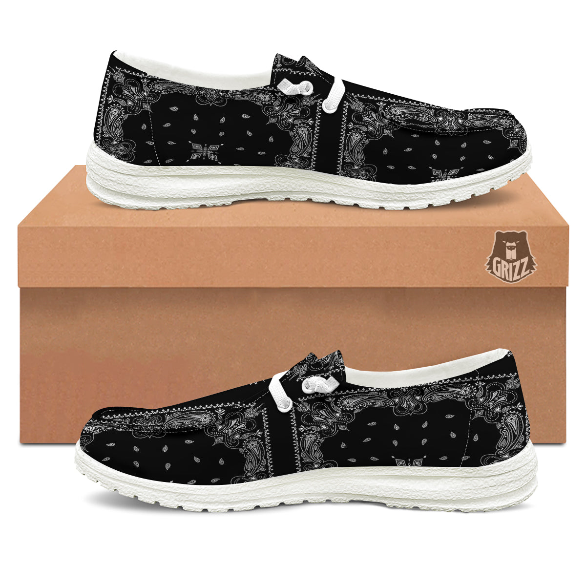 Paisley Bandana Black And White Print Pattern White Loafers-grizzshop