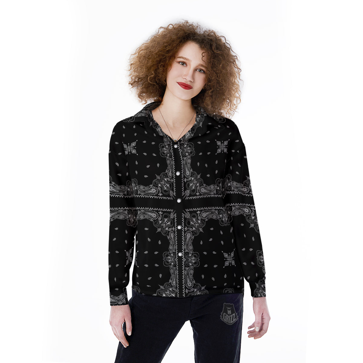 Paisley Bandana Black And White Print Pattern Women's Long Sleeve Shirts-grizzshop