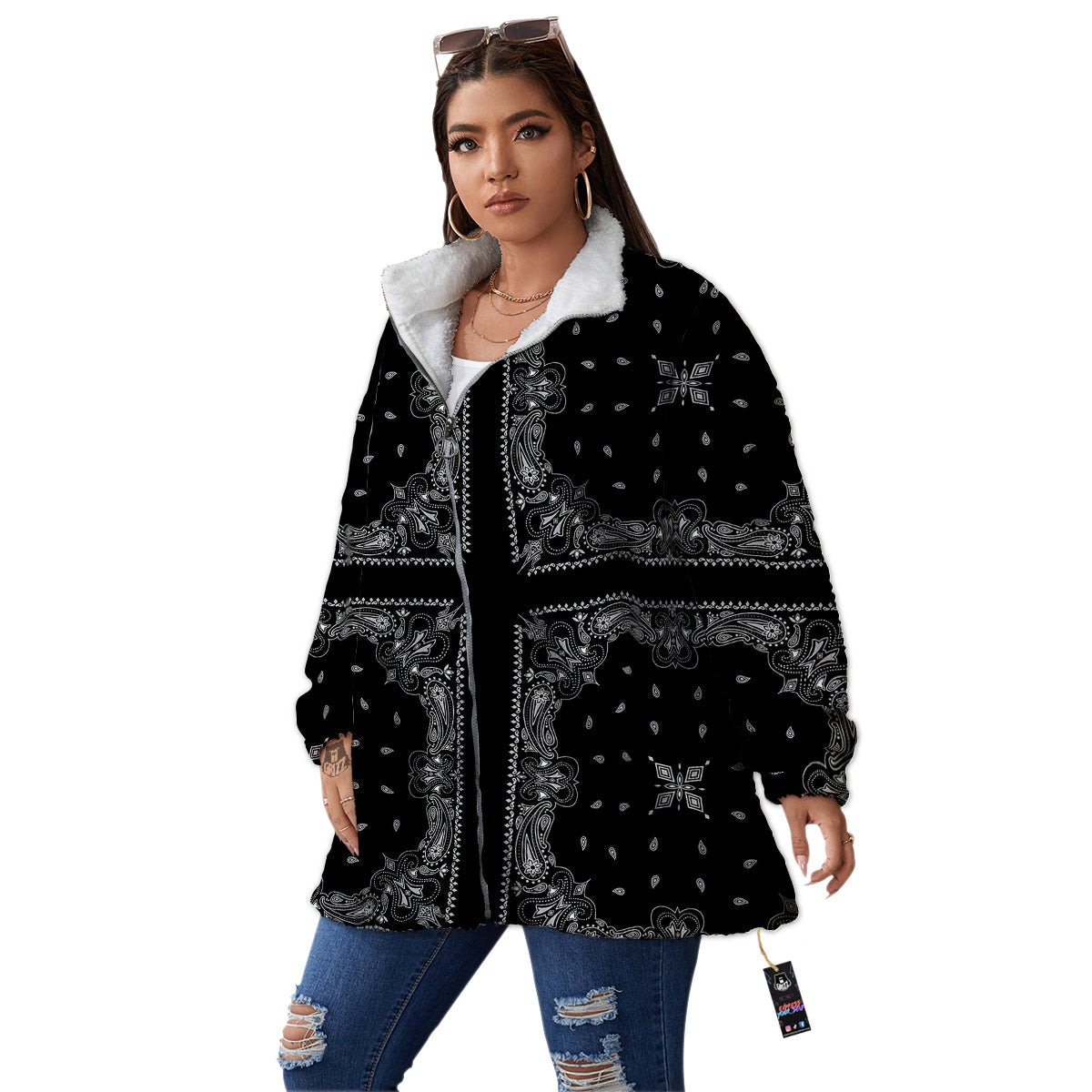 Paisley Bandana Black And White Print Pattern Women's Sherpa Jacket-grizzshop