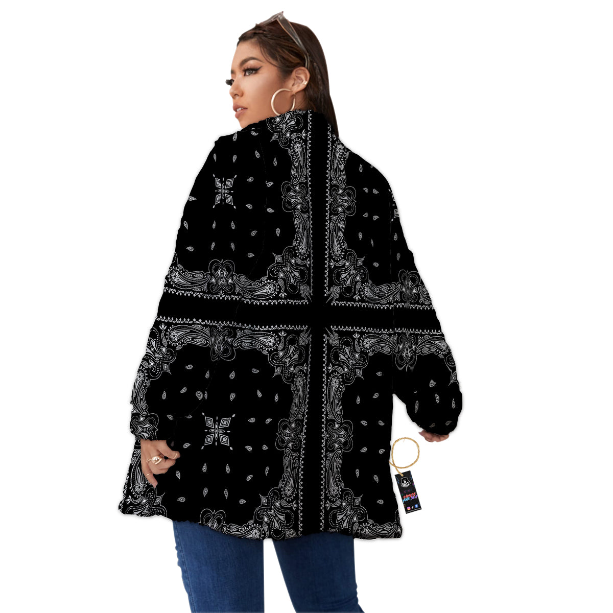 Paisley Bandana Black And White Print Pattern Women's Sherpa Jacket-grizzshop