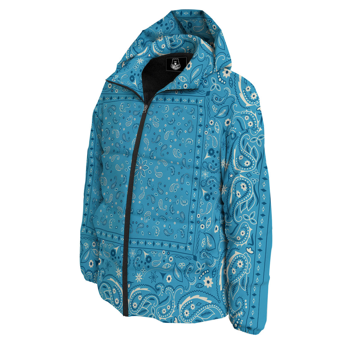Paisley Bandana Light Blue Print Down Jacket-grizzshop