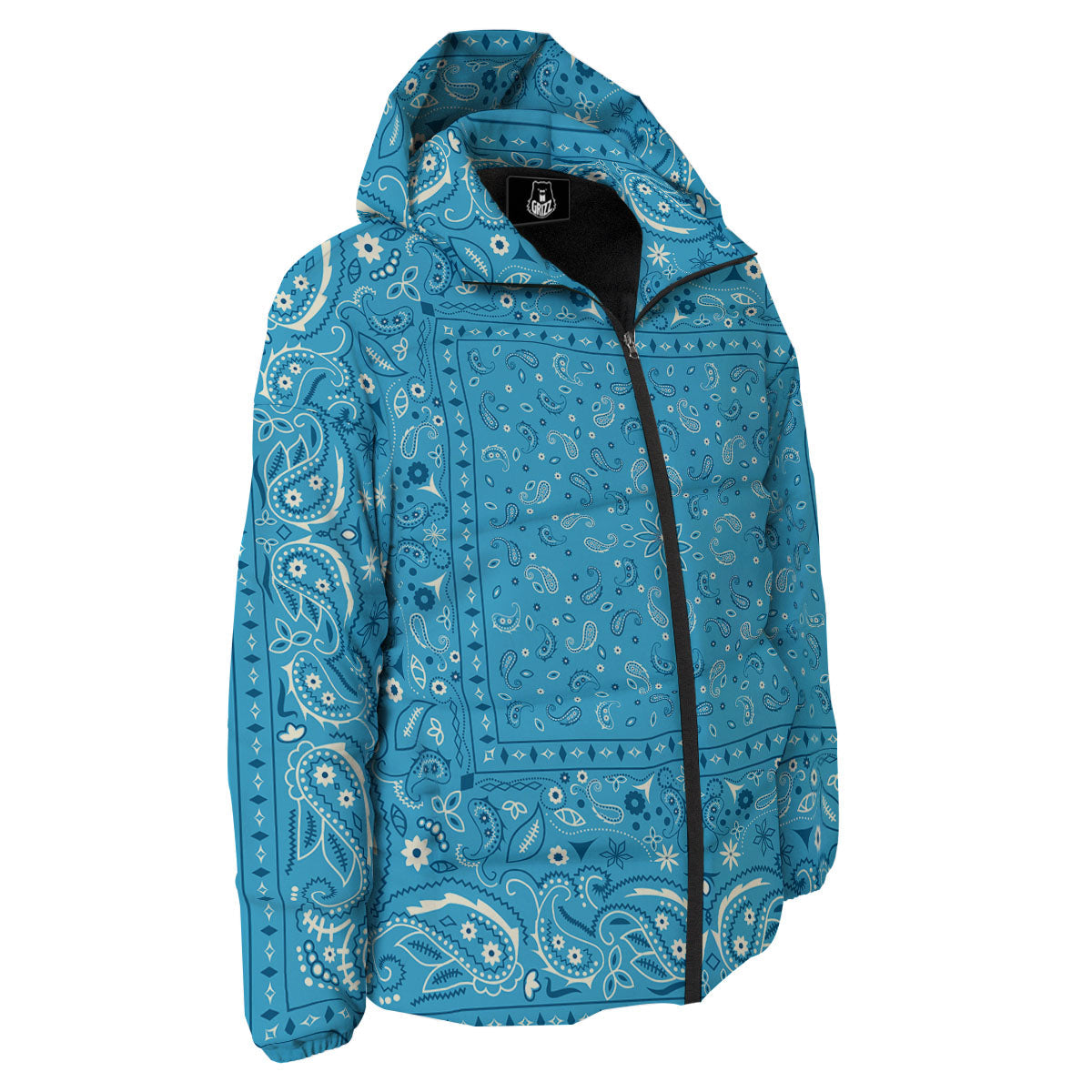 Paisley Bandana Light Blue Print Down Jacket-grizzshop