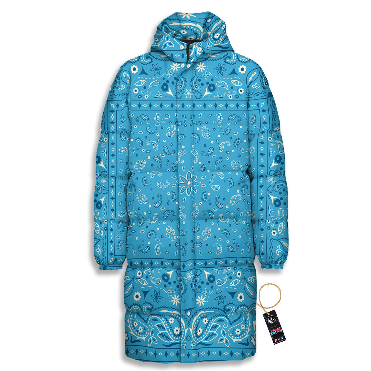 Paisley Bandana Light Blue Print Long Down Jacket-grizzshop