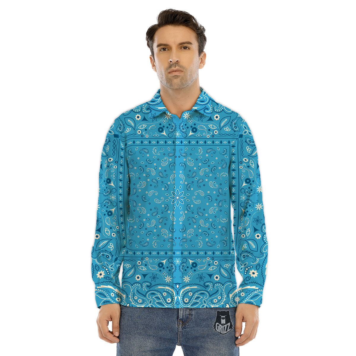 Paisley Bandana Light Blue Print Men's Dress Shirts-grizzshop
