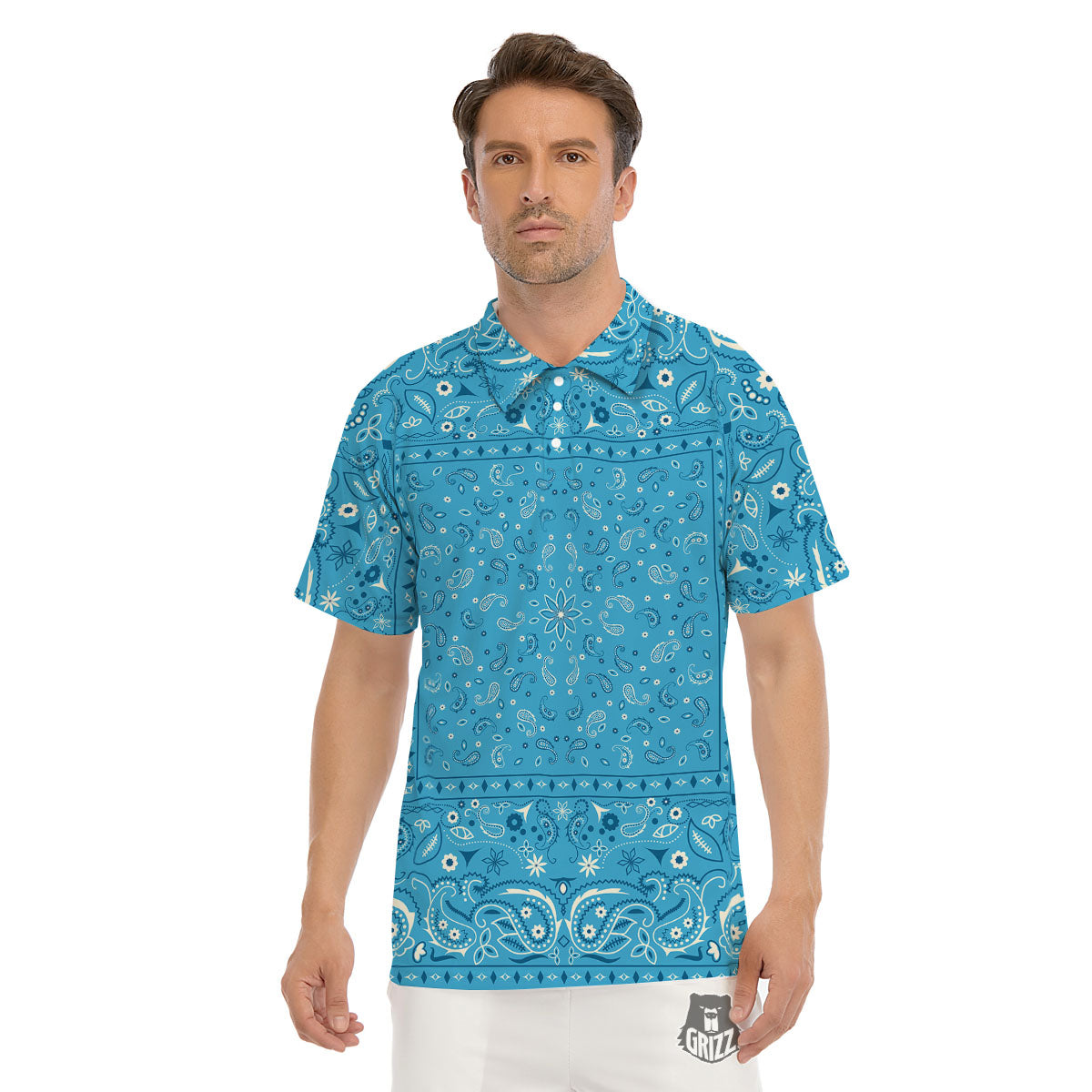 Paisley Bandana Light Blue Print Men's Golf Shirts-grizzshop