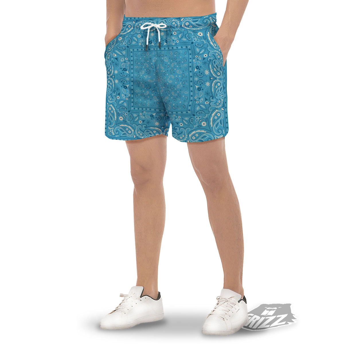 Paisley Bandana Light Blue Print Men's Gym Shorts-grizzshop