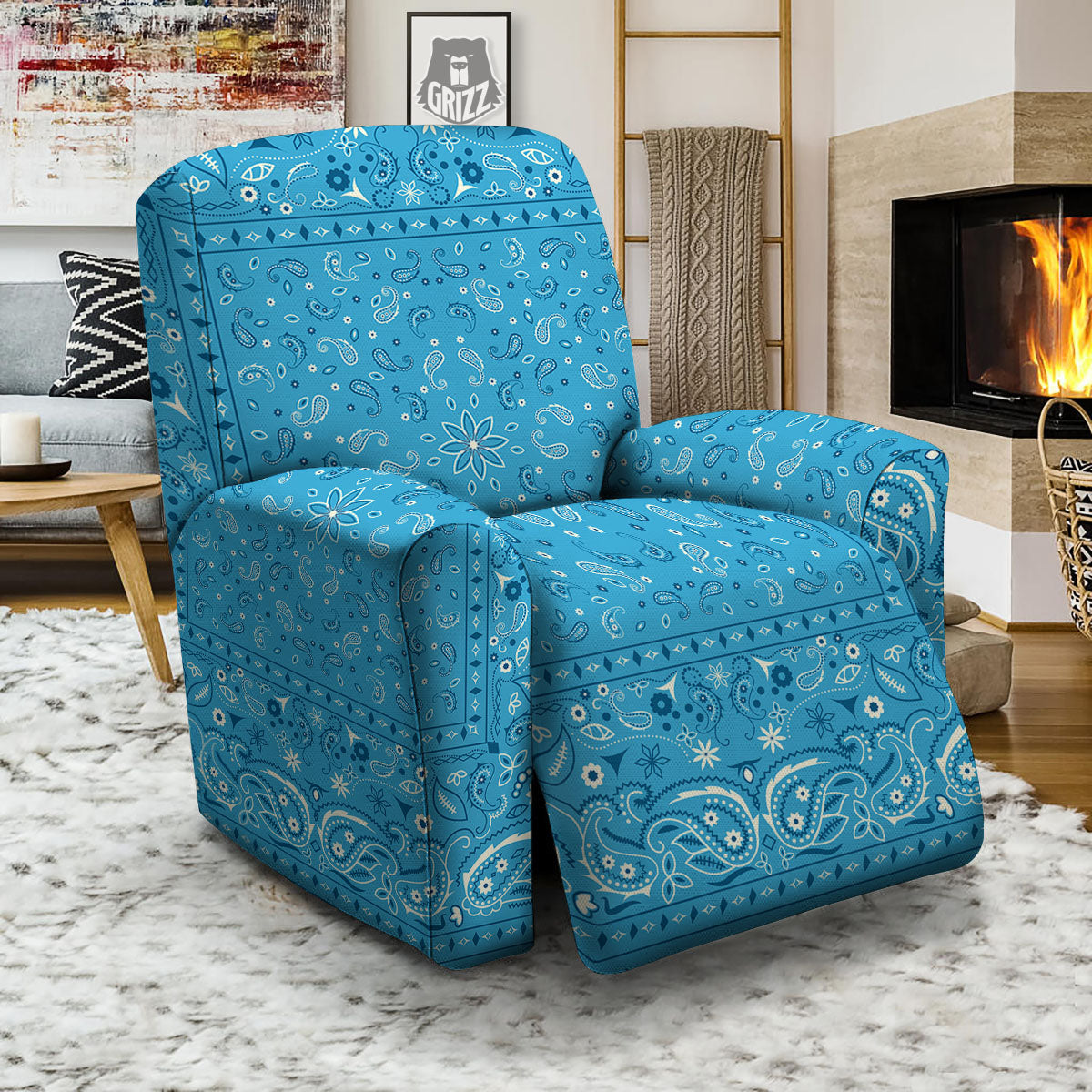 Paisley Bandana Light Blue Print Recliner Slipcover-grizzshop