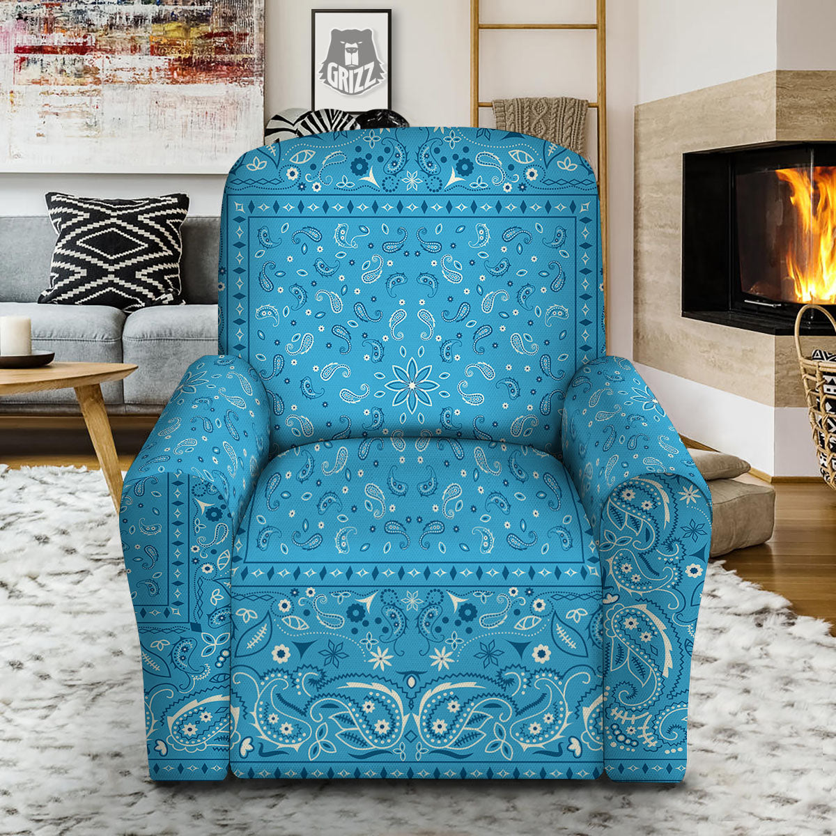 Paisley Bandana Light Blue Print Recliner Slipcover-grizzshop