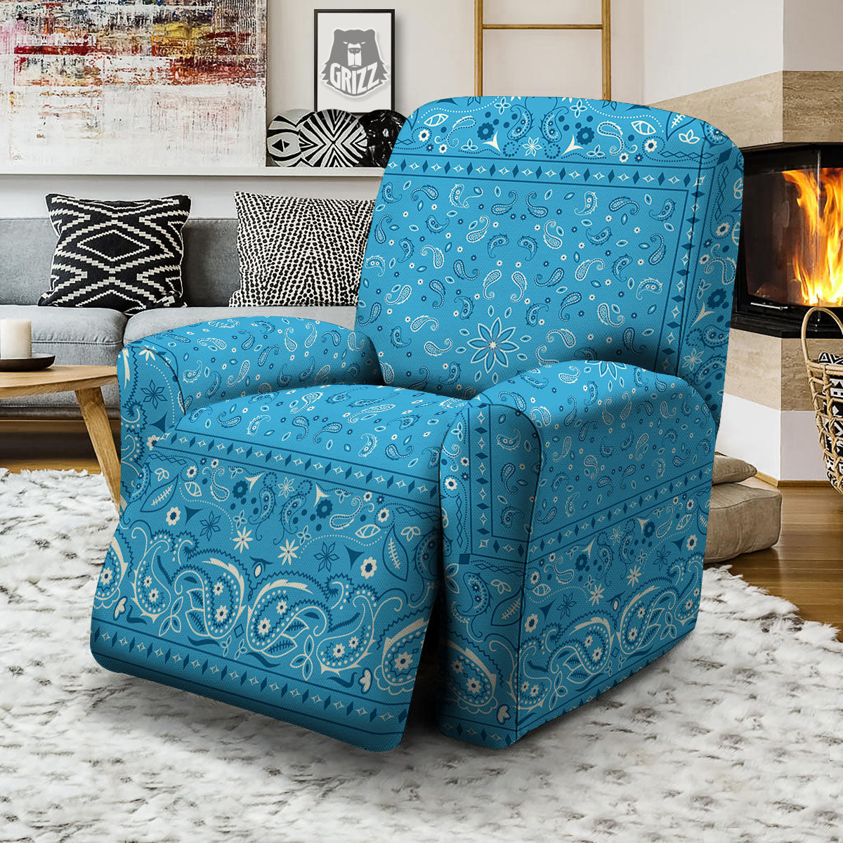 Paisley Bandana Light Blue Print Recliner Slipcover-grizzshop