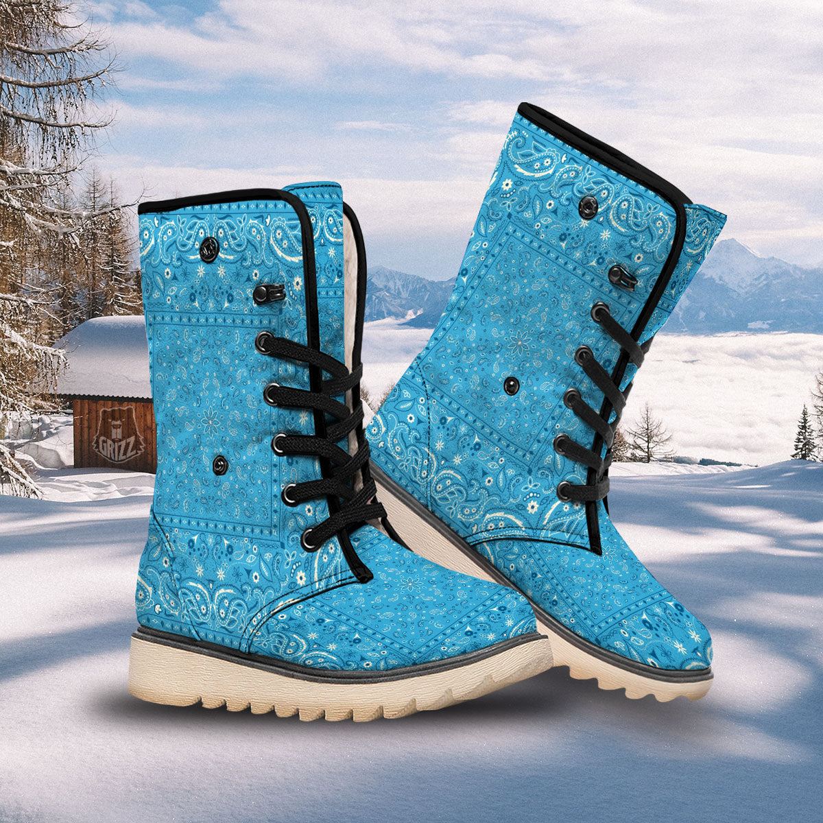Paisley Bandana Light Blue Print Snow Boots-grizzshop