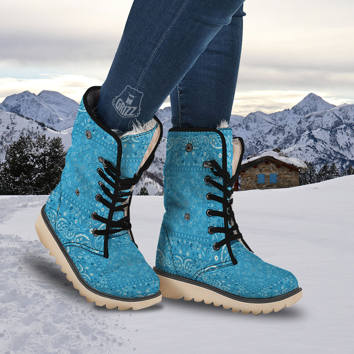 Paisley Bandana Light Blue Print Snow Boots-grizzshop
